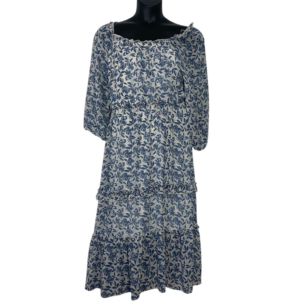 Floral Tiered Dress Blue and White Cottagecore Size Large